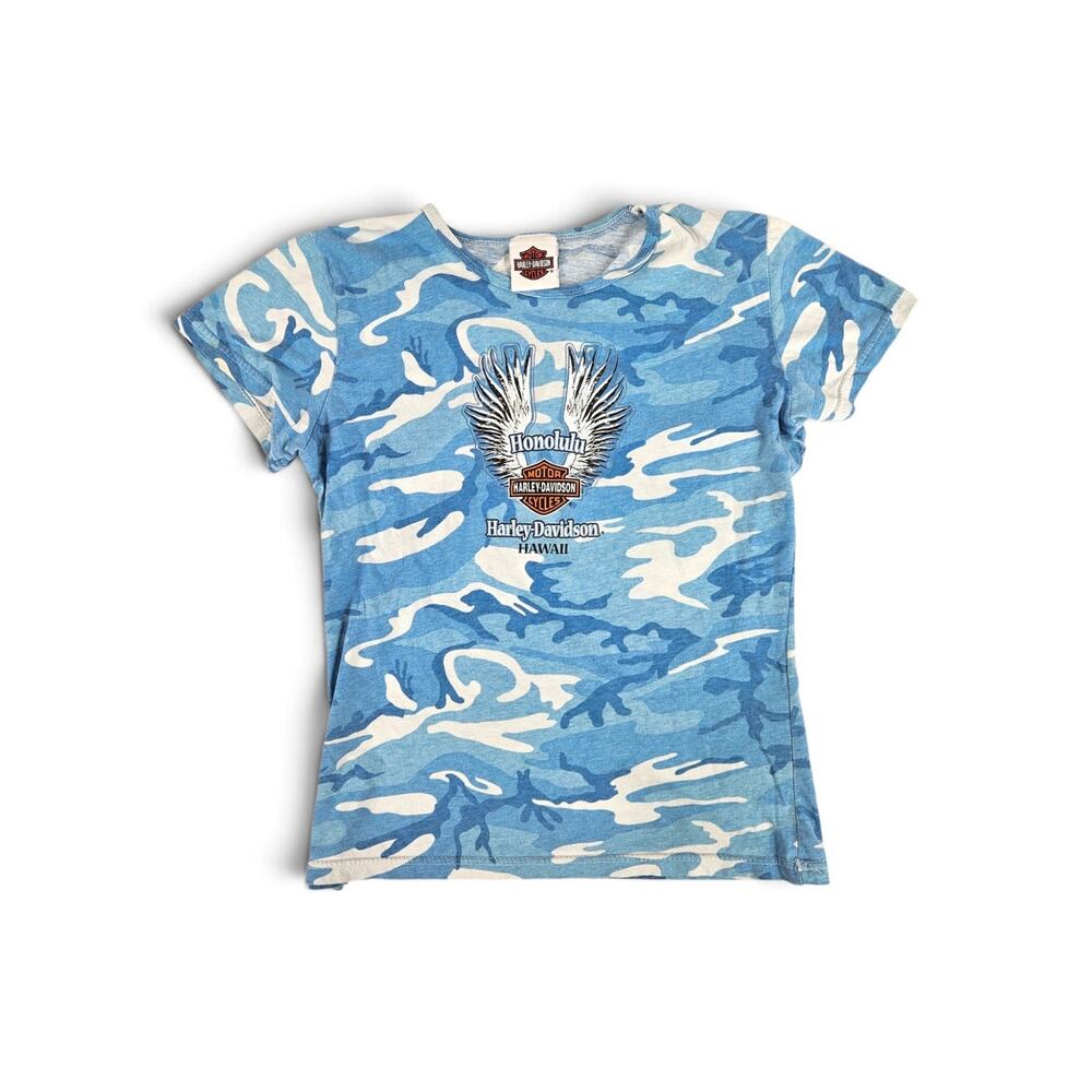 Y2k Harley Davidson Baby Tee Honolulu Blue Camo - Size Medium